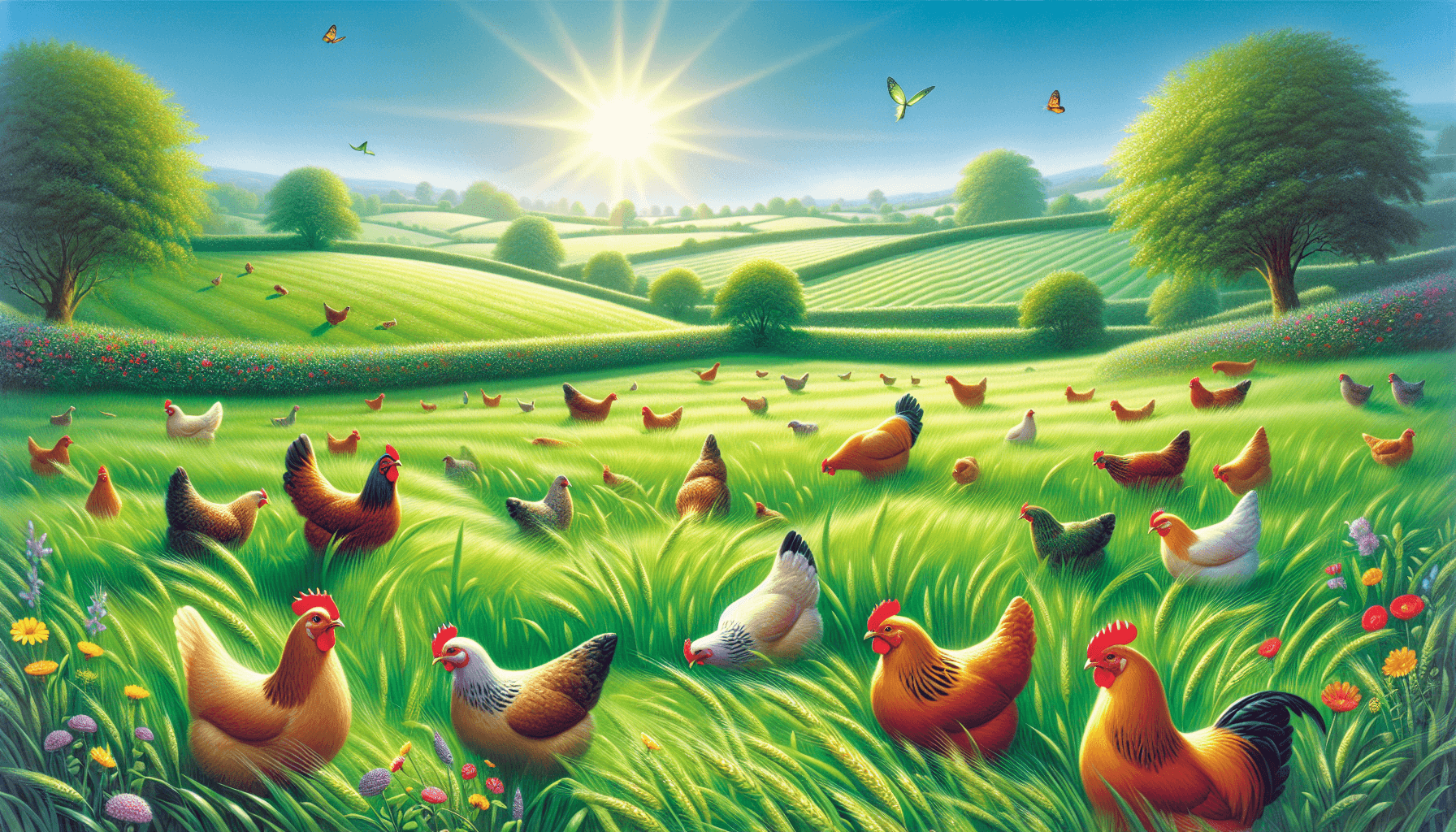 Chickens exploring fields